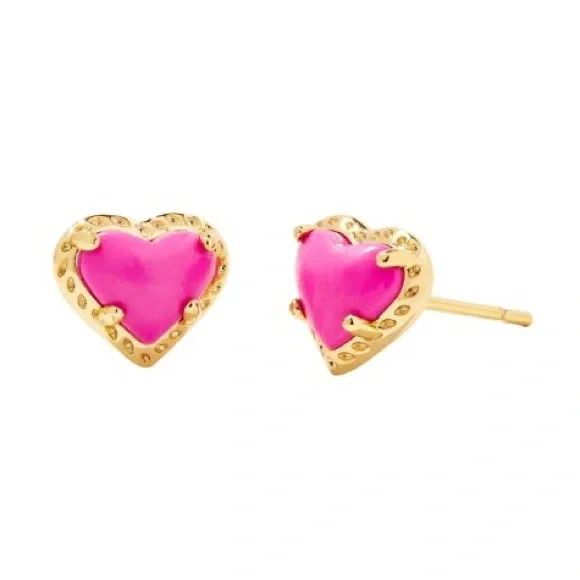 Kendra Scott 14K Gold Ari Pink Heart Stud Earrings Magenta Magnesite - Picture 1 of 5